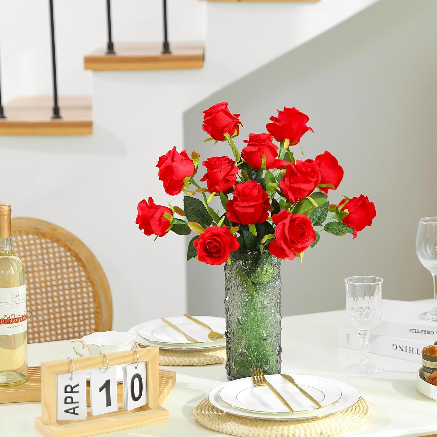 12Pcs Realistic Fake Red Roses Faux Flowers with Long Stems, Artificial Silk …