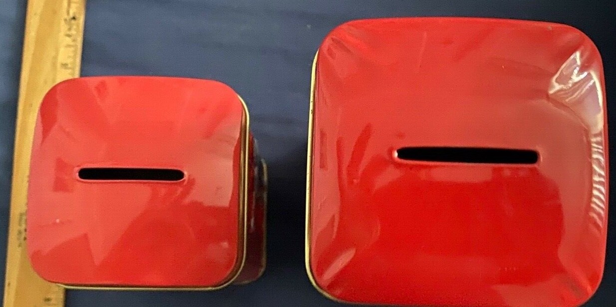 English Breakfast Tea & Russel Stover Red Phone Booth Banks (2) Tin Cans-No Food