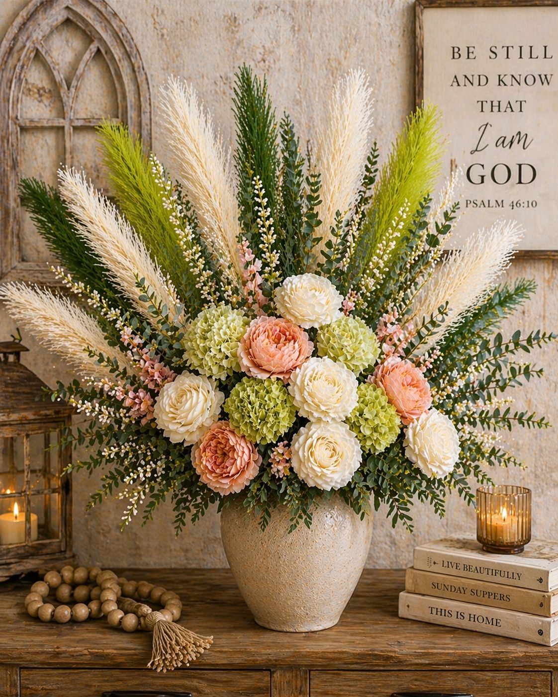 Green Pampas Grass Bundle 16 Stem Faux Pampas White and Green Boho Decor Vase Fi