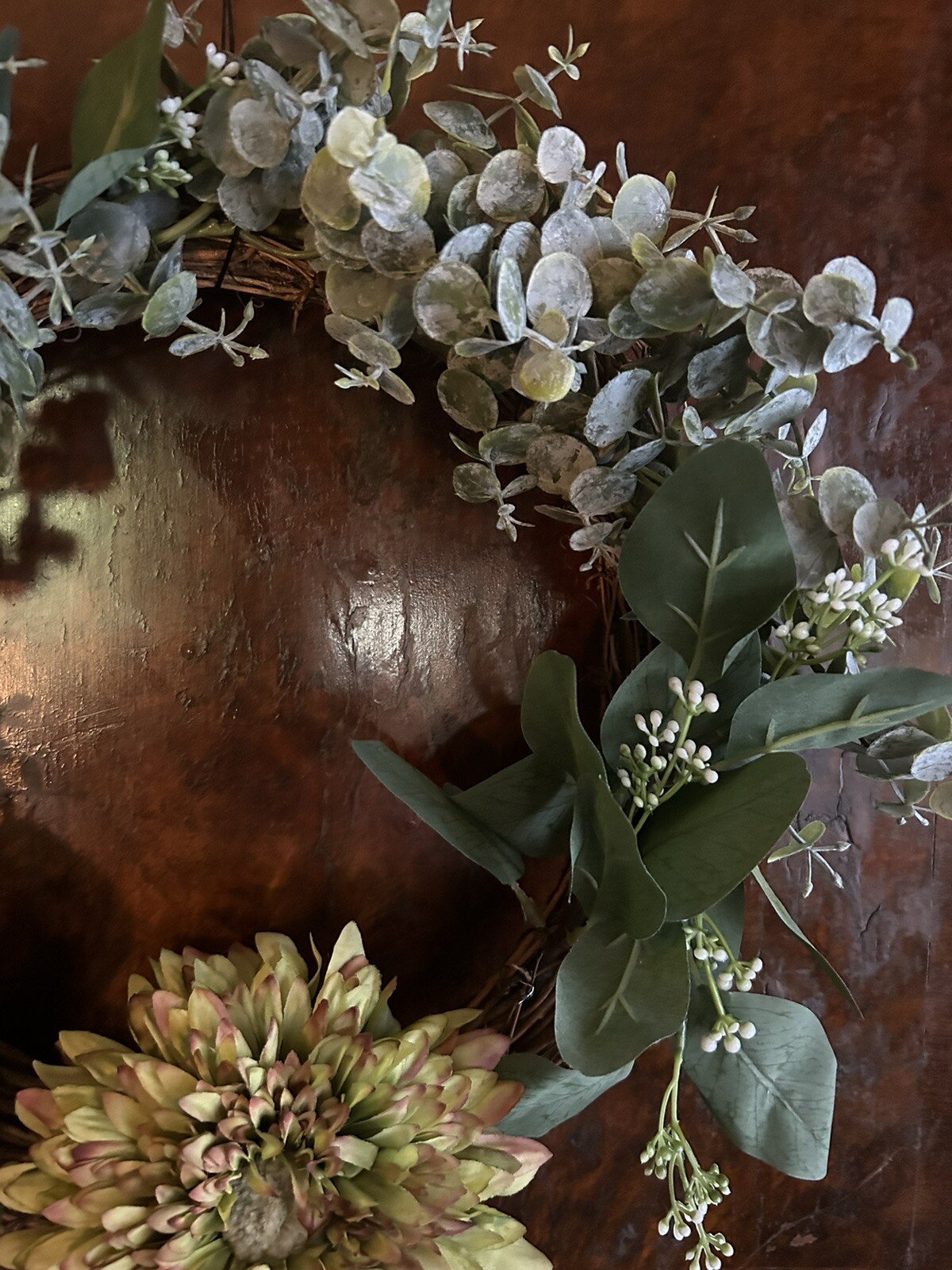 Eucalyptus and Zinnia Grapevine Wreath 12 Inch Handmade NEW Spring Decor