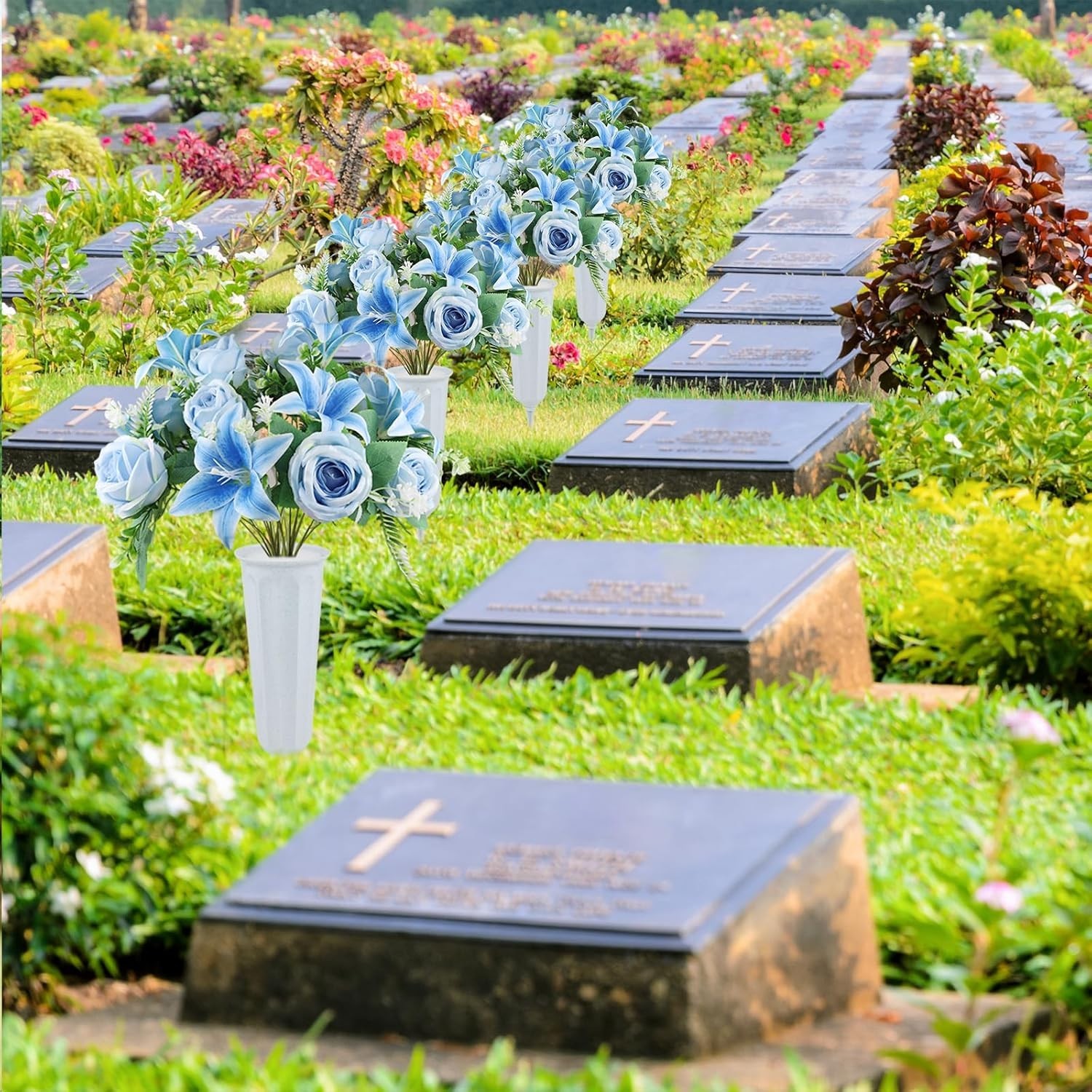 Artificial Cemetery Flowers 2 Set Lilies Roses Mixed Blue Silk with Vases