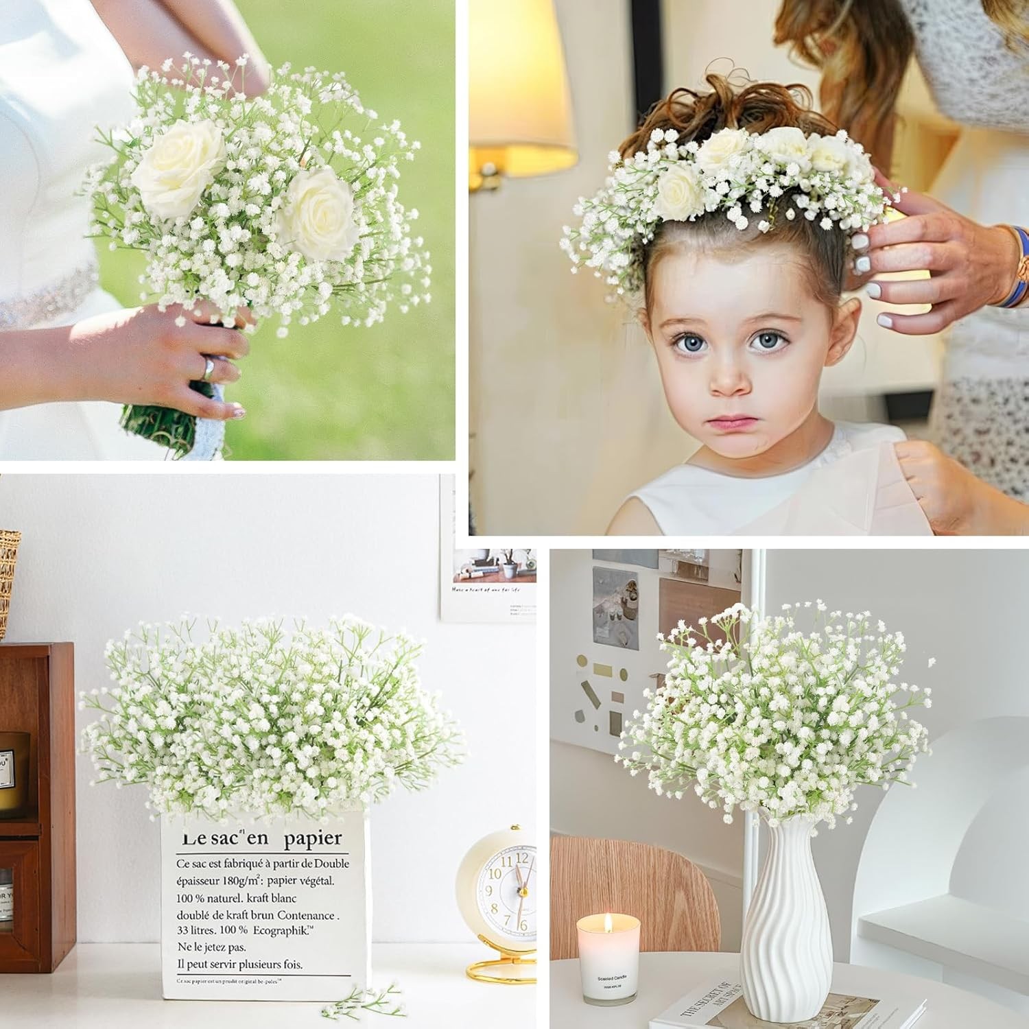 Artificial Flowers Silk Roses & Fake Baby Breath Realistic Flowers Bouquet Decor