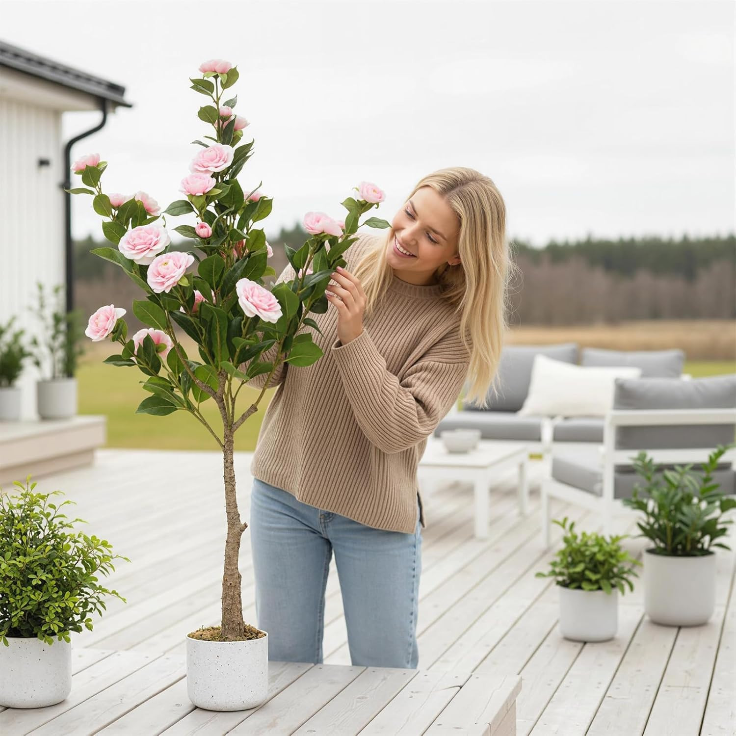 Faux Camellia Tree 2 Pack – 43″ Tall Pink Flowering Plants for Home Decor