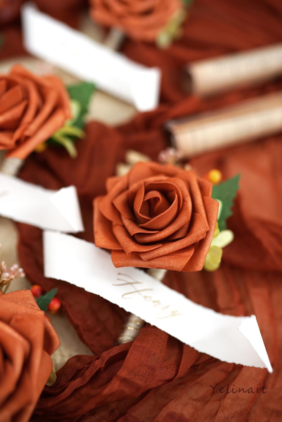 1 PCS Orange Boutonniere Men Wedding Groom Groomsmen Artificial Rose Flower