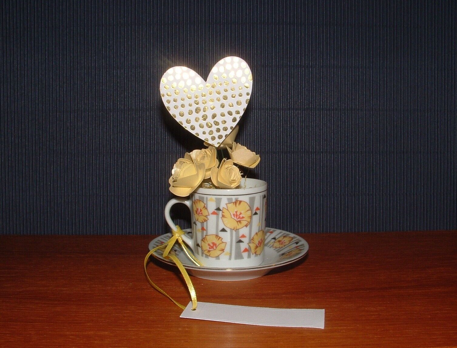Paper Flower & Heart Handmade Bouquet, Small Teacup & Saucer Vase, With Gift Tag