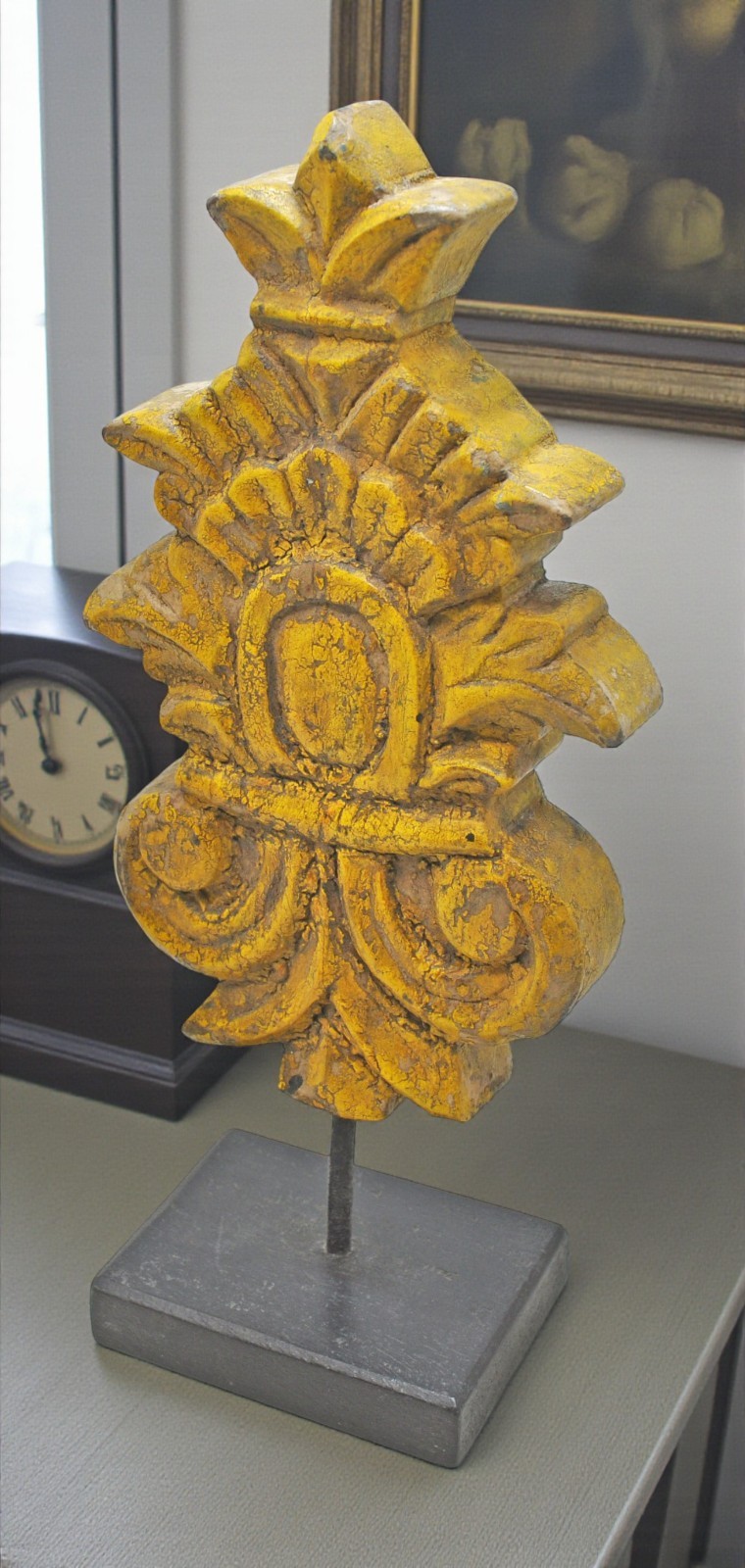 Hand Carved Wooden Flower Carving Panel Plaque on Stand Rustic Yellow Painted