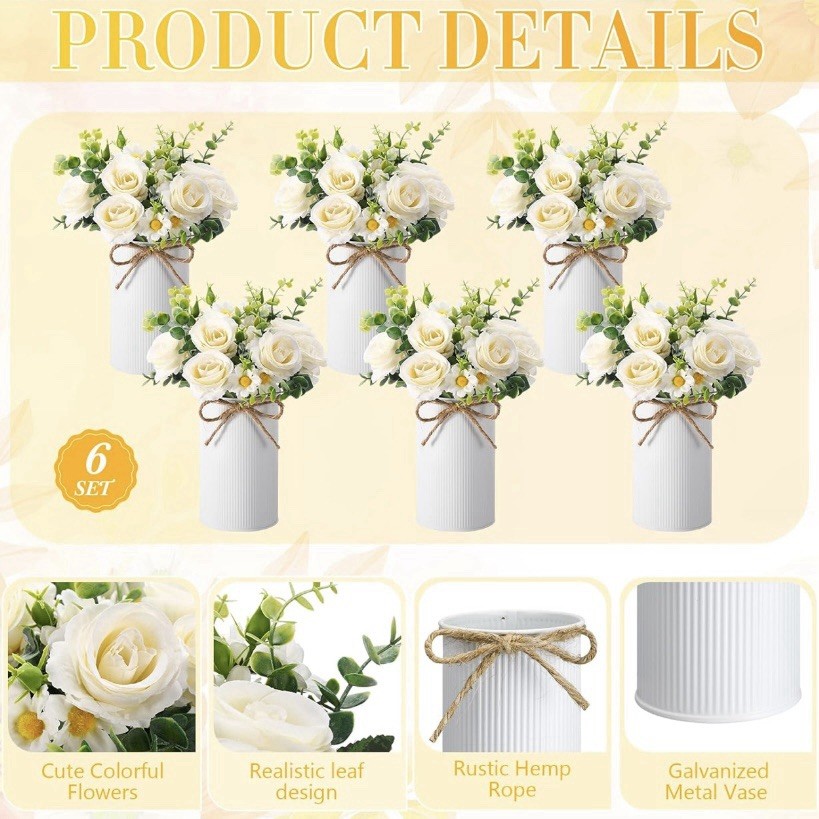 White Rose Centerpiece with Vase Set of 6 Table Decor Wedding Party Artificial