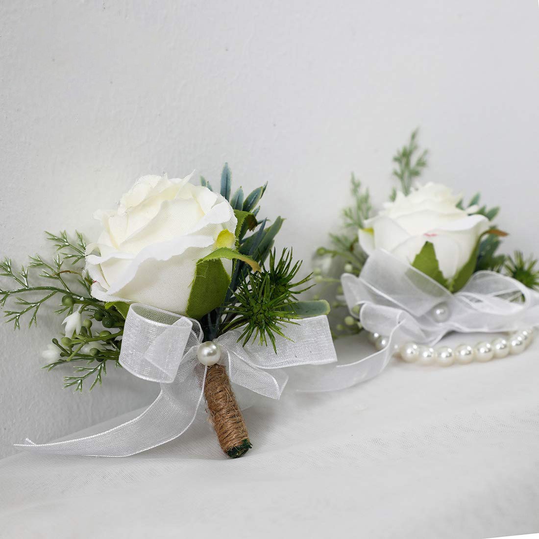 Bridal Party Flowers, Wrist Corsage With Boutonniere, White