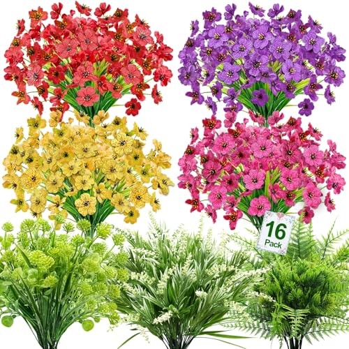 Artificial Flowers for Outdoors, UV Resistant No Fade 16 Bundles 7 Styles Fake