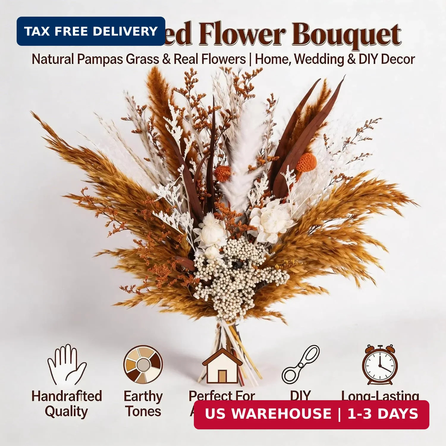 17″ Boho Dried Flower Bouquet – Natural Pampas Grass & Real Flowers for Spring H