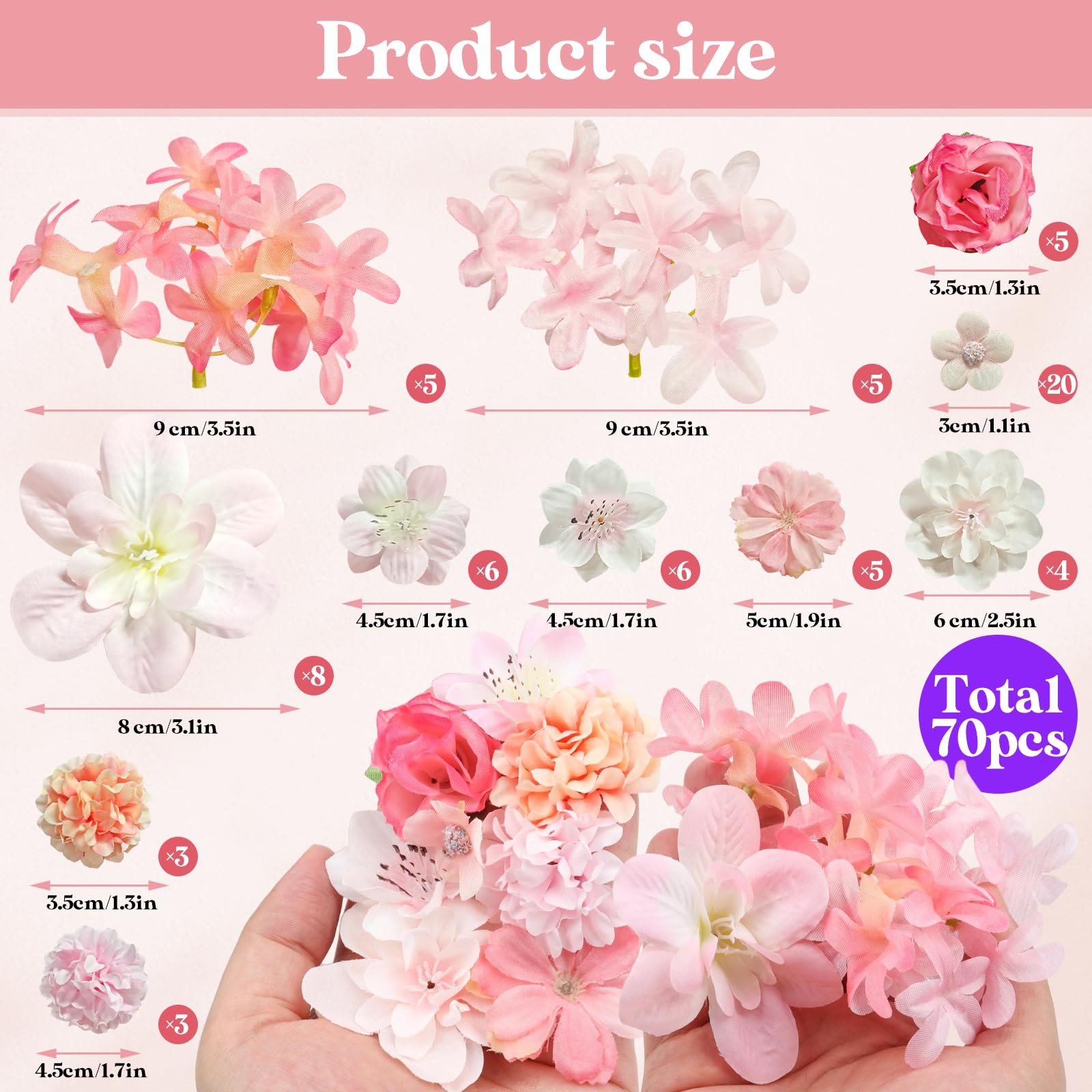70 PCS Pink Silk Artificial Faux Fake Daisy Rose Peony Mix Flower Head Bulk