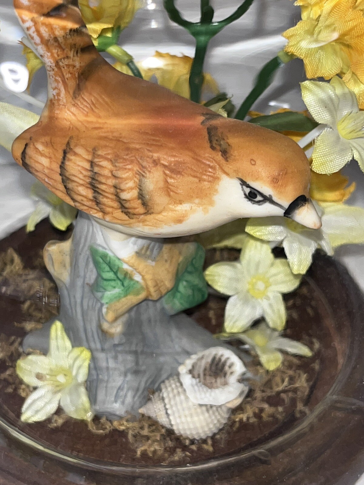 Vintage Floral Cloche Dome Terrarium Dried Silk Flowers & Bird on Wood Base