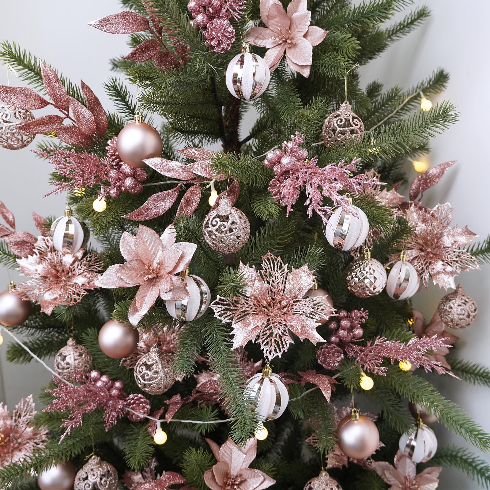 Christmas Artificial Poinsettia Flowers 35 PCS Rose Gold Glitter Floral Picks