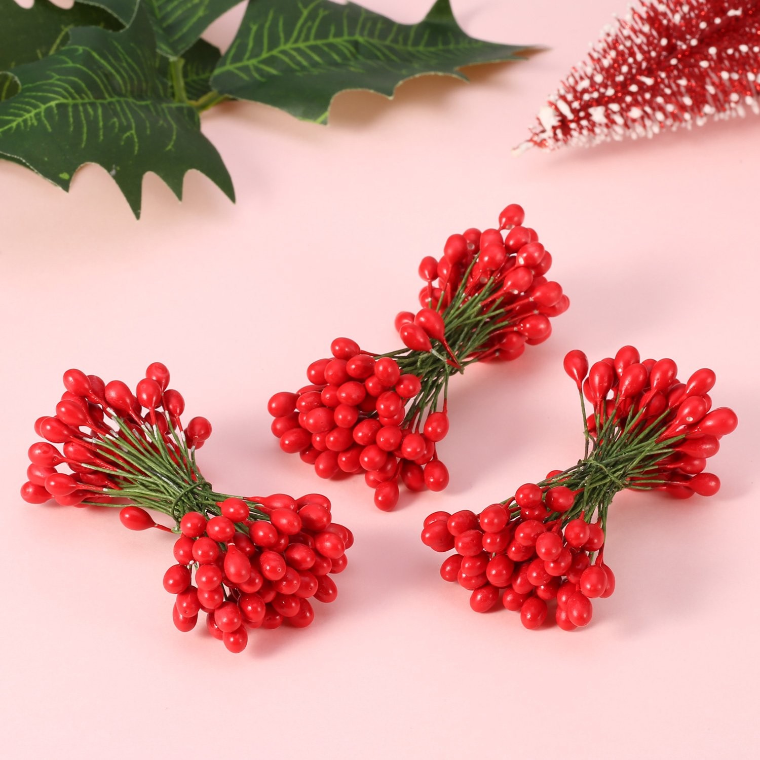 300 Pcs Artificial Holly Christmas Fake Berries on 150 Wire Stems Berries Bra…