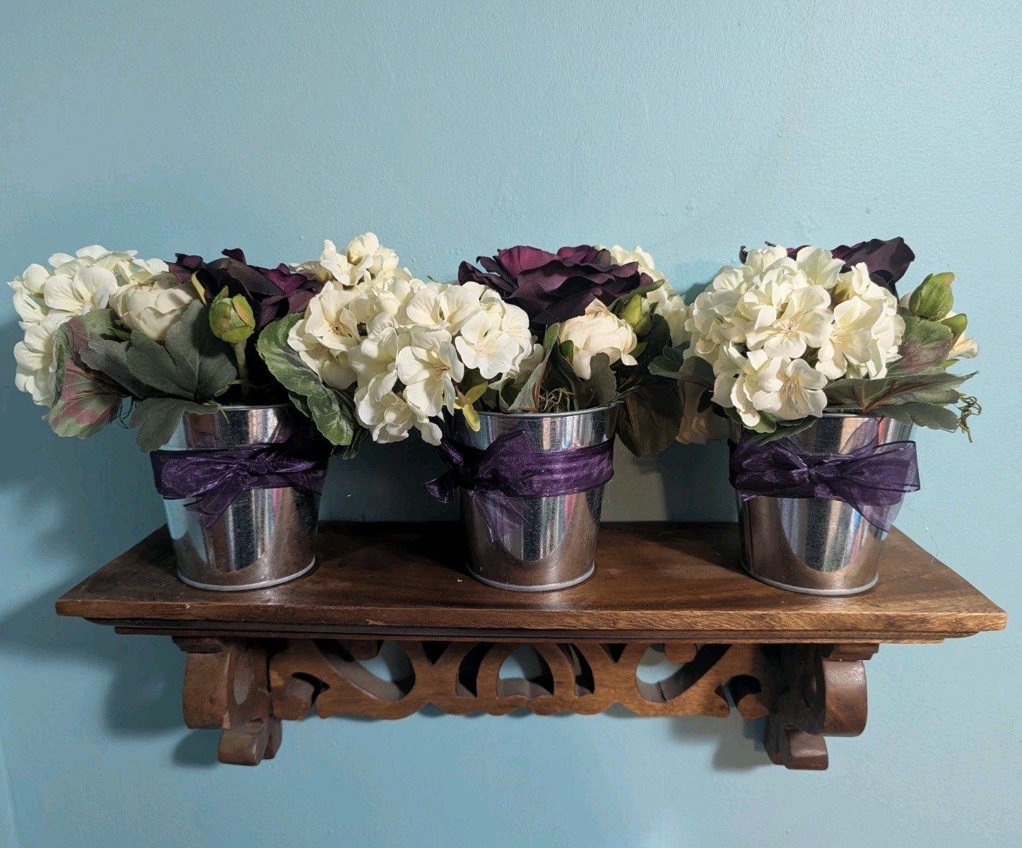 3X Purple & White Silk Flower Arrangements Wedding Centerpieces Silver Pot 7′