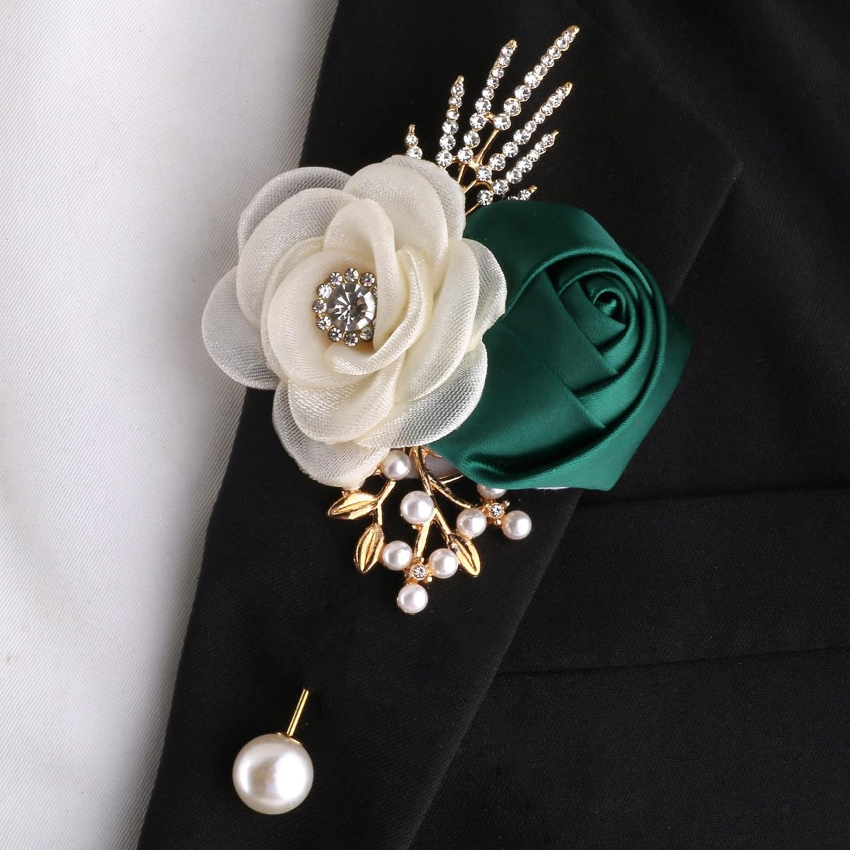 6 PCS Rose Boutonniere Men Artificial Corsage Groom Wedding Emerald Green