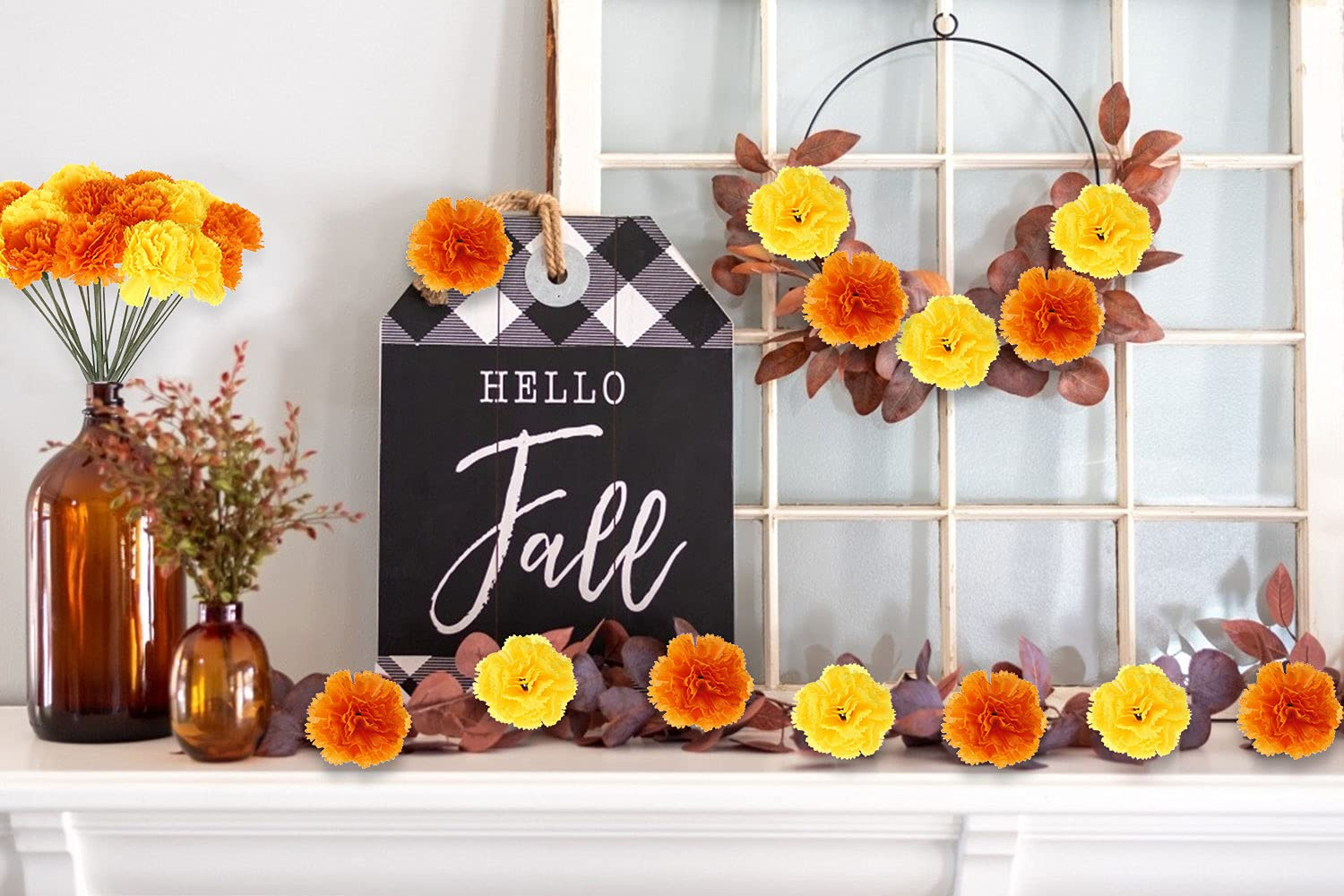 Artificial Marigold Flower Heads Bulk Bunch Fake Halloween with Stems for Par
