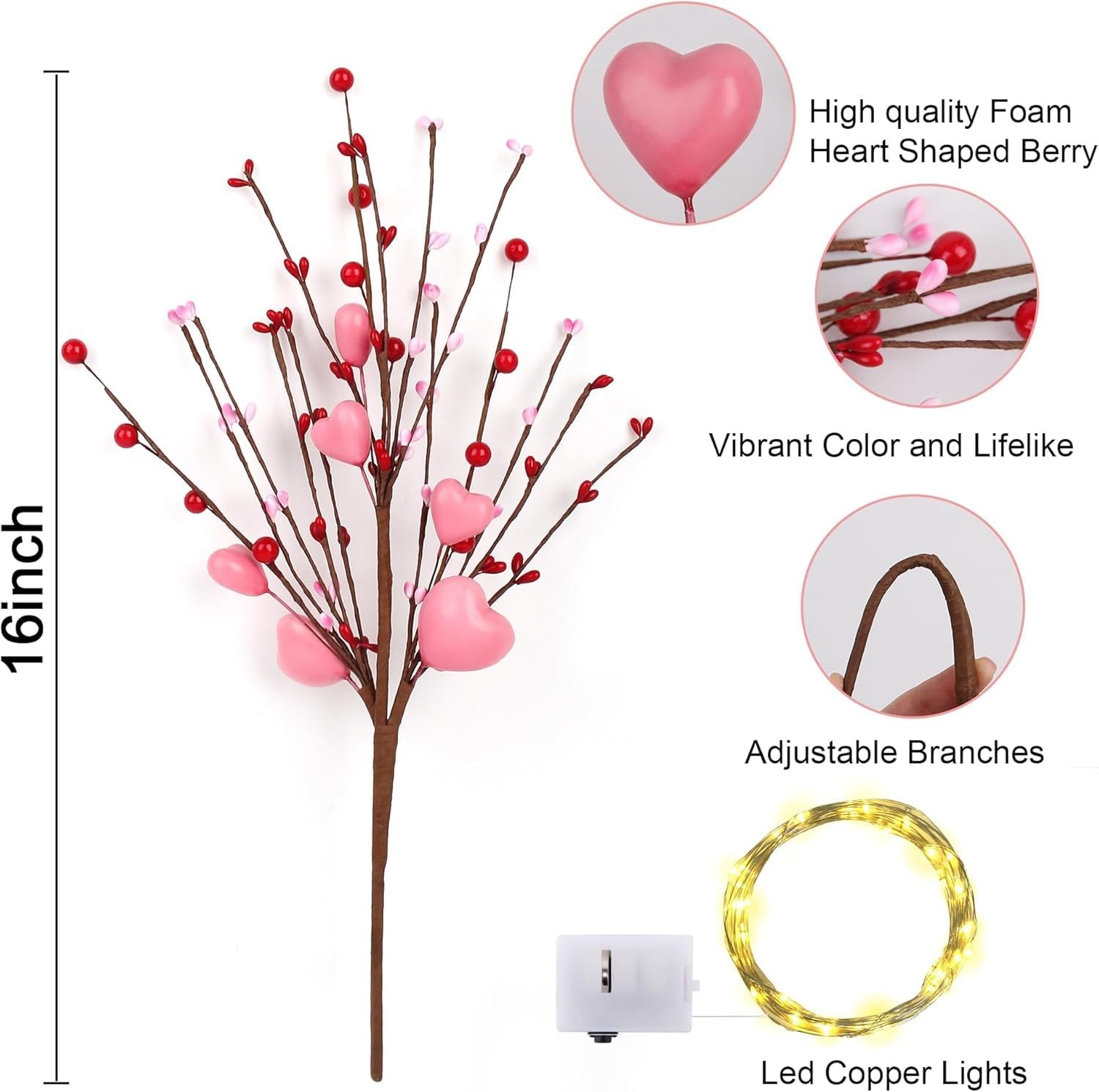8 PCS Pink Heart Shaped Valentine Floral Picks Red Berries Roses Bouquets