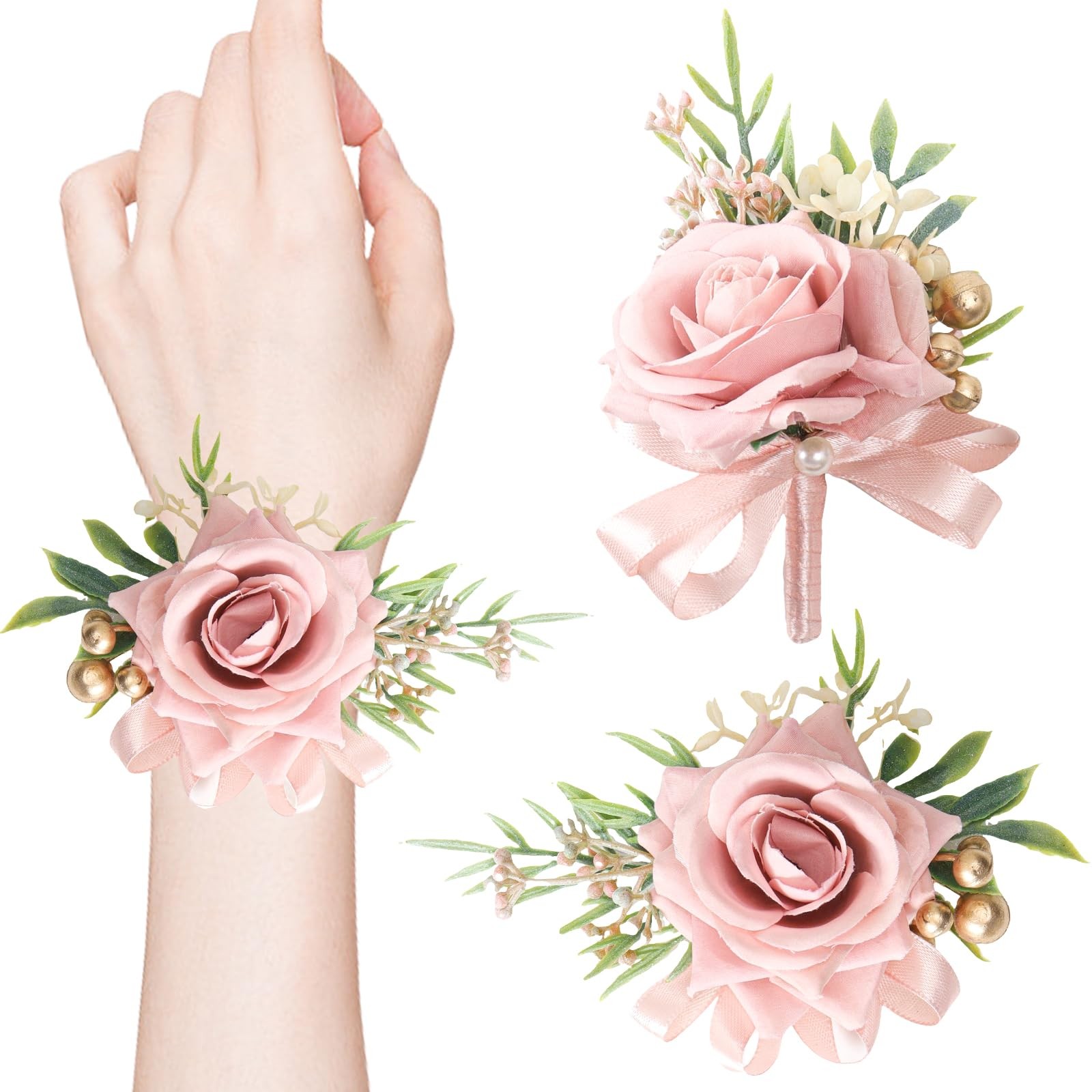 2 PCS Pink Artificial Rose Wrist Corsage Boutonniere Set Wedding Prom Decor