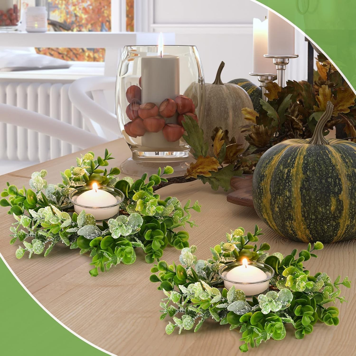 8 Pcs Mini Eucalyptus Candle Rings – Elegant Floral Wreaths for All Seasons