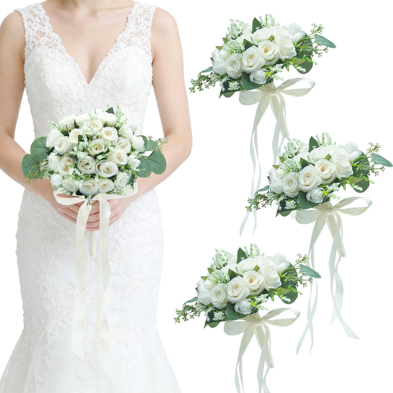 Artificial Bridesmaid Bouquets Set of 3 – Ivory White 9 Inch Various Flower B…
