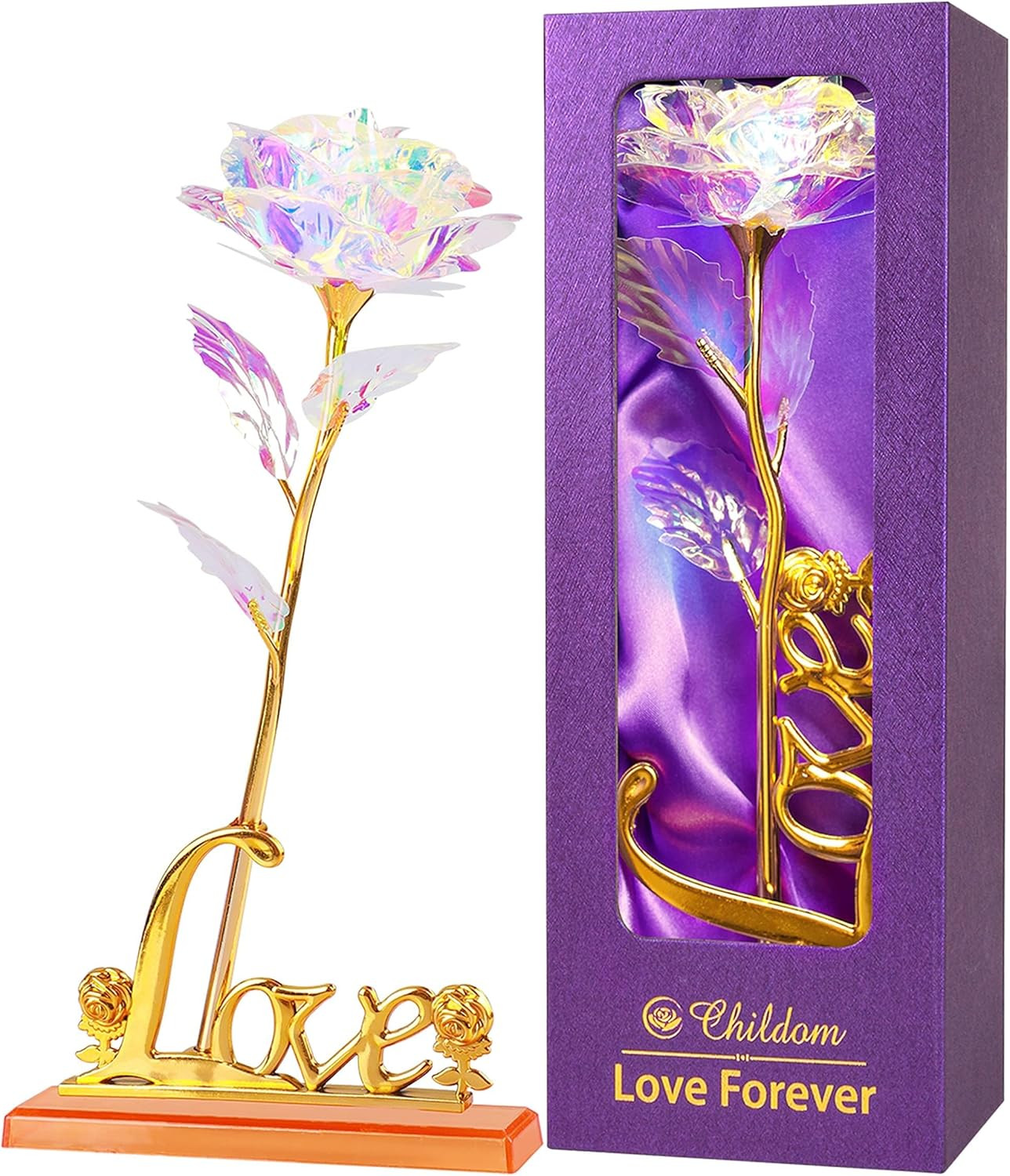 Rainbow Artificial Rose Gift with Love Stand for Mother’s Day Birthday Anniversa
