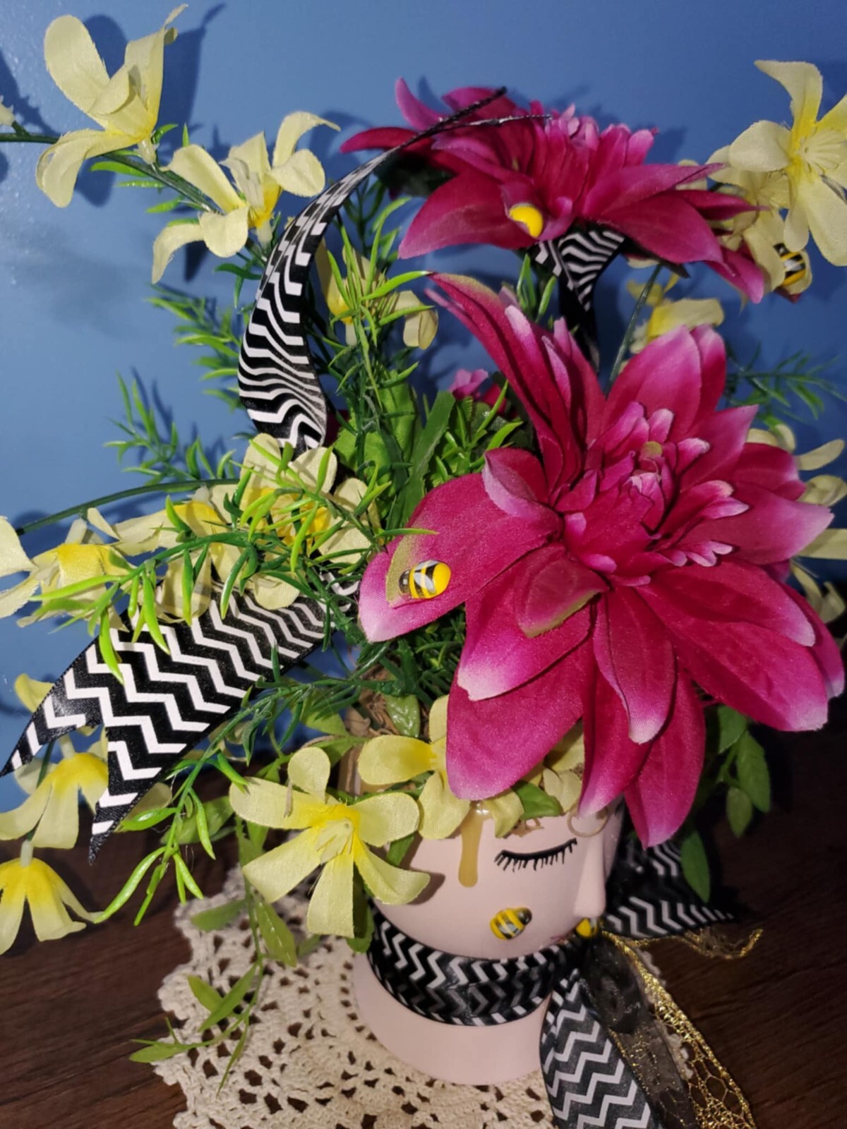 Handmade Floral Arrangement Whimsical Planter Bumble Bee Fushia Yellow Forsythia