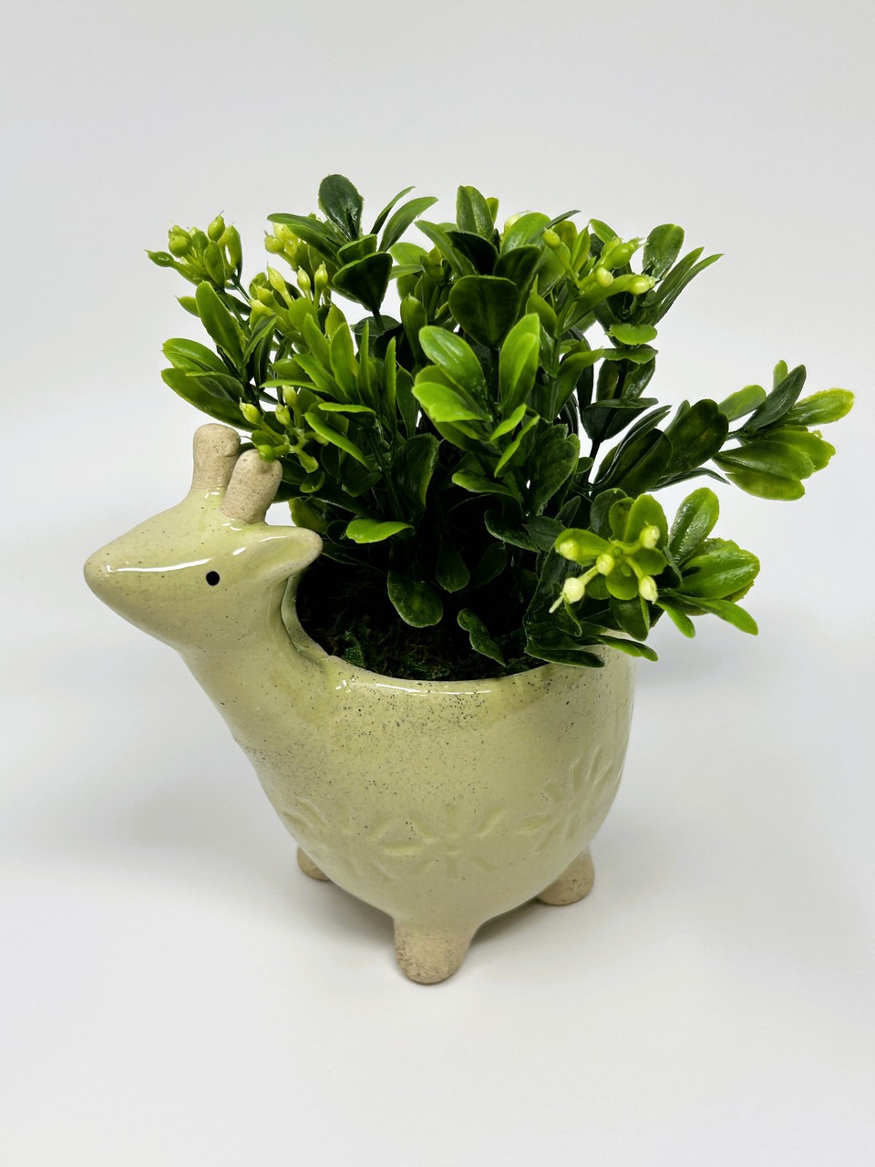 Mini 6″ Artificial Boxwood plastic plant potted in Ceramic DEER Giraffe Pot, han