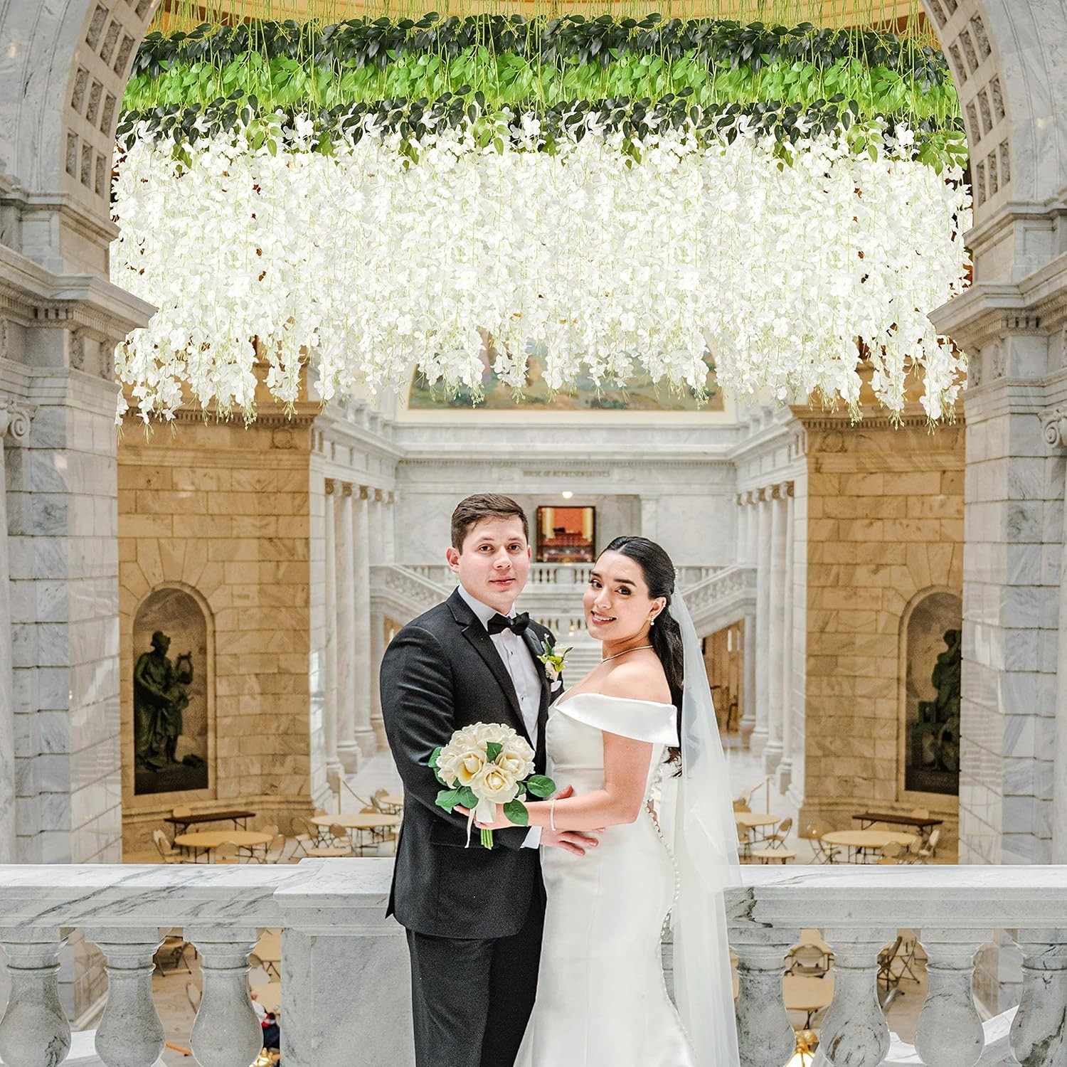 24Pcs White Fake Wisteria Hanging Flowers with Lights, 3.6Ft/Pcs Artificial Wist