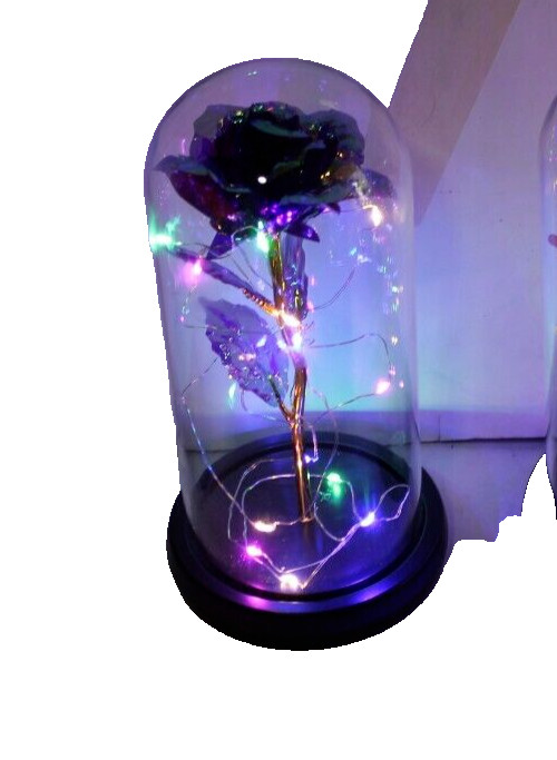 Blue Eternal Rose w LED Lights in Glass Dome Mothers Valentines Anniversary Gift