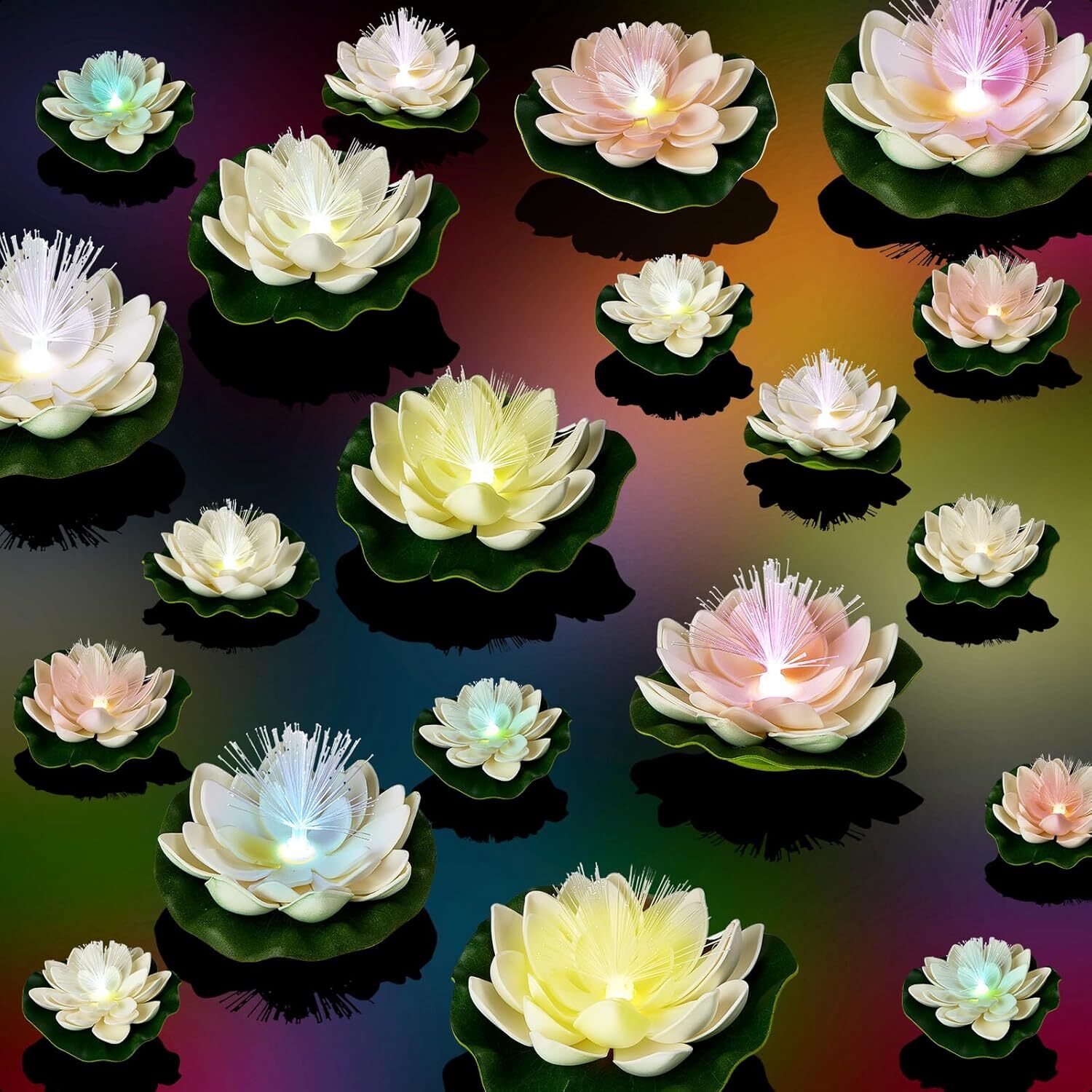 12 Pcs Artificial Floating Foam Lotus Flower with Water Lily Pad LED FiberLight