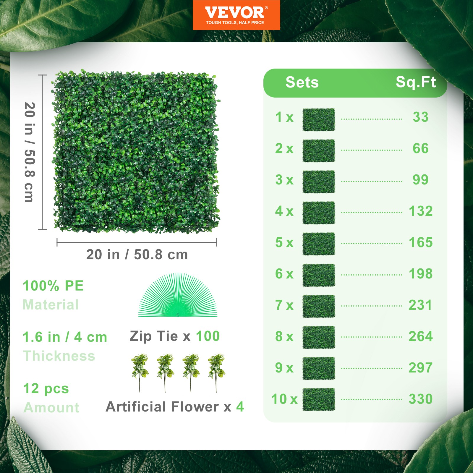VEVOR Artificial Boxwood Panel, Boxwood Hedge Wall Panels UV 12pcs 20″ X 20″