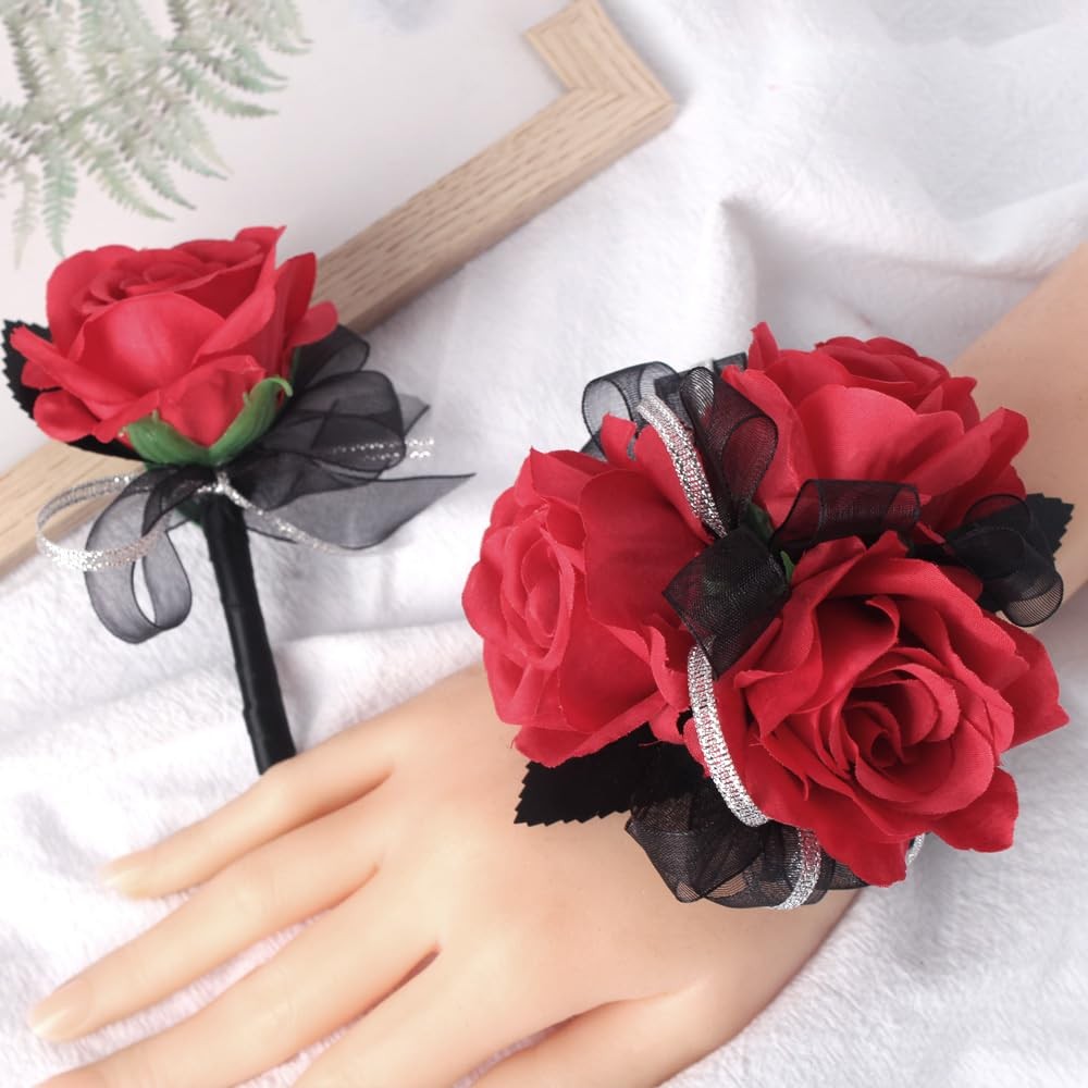 2 PCS Red Rose Wrist Corsage Wristlet Men Boutonniere Set Wedding Prom Flower