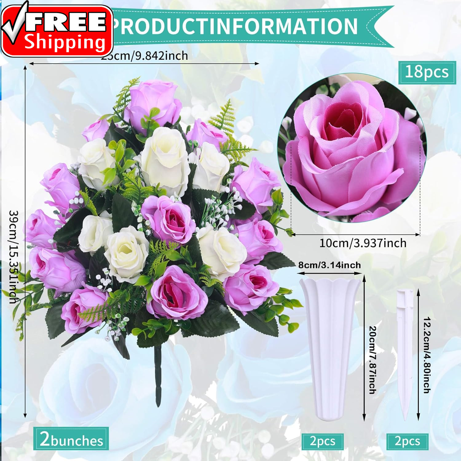 Artificial Cemetery Flowers,Set of 2 Grave Decorations Roses, Tombstone Memorial