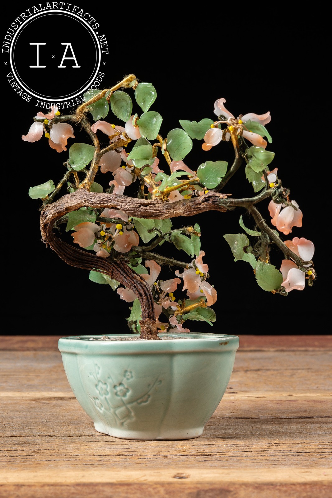 Vintage Jade and Peking Glass Blossoming Bonsai Table Ornament