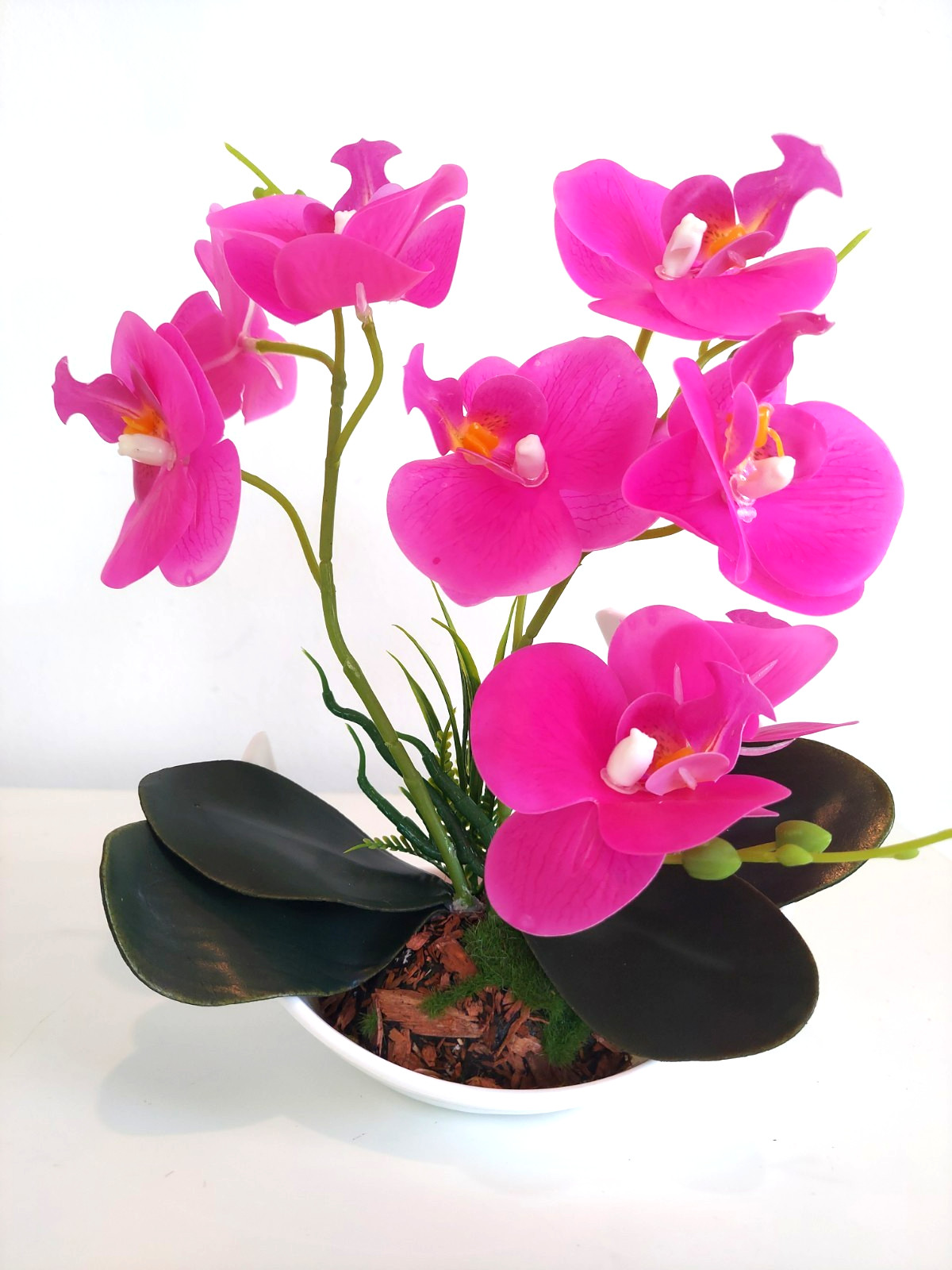 Artificial Bonsai Phalaenopsis Orchid Flower Fushia Purple Plant Potted 9.5″ H