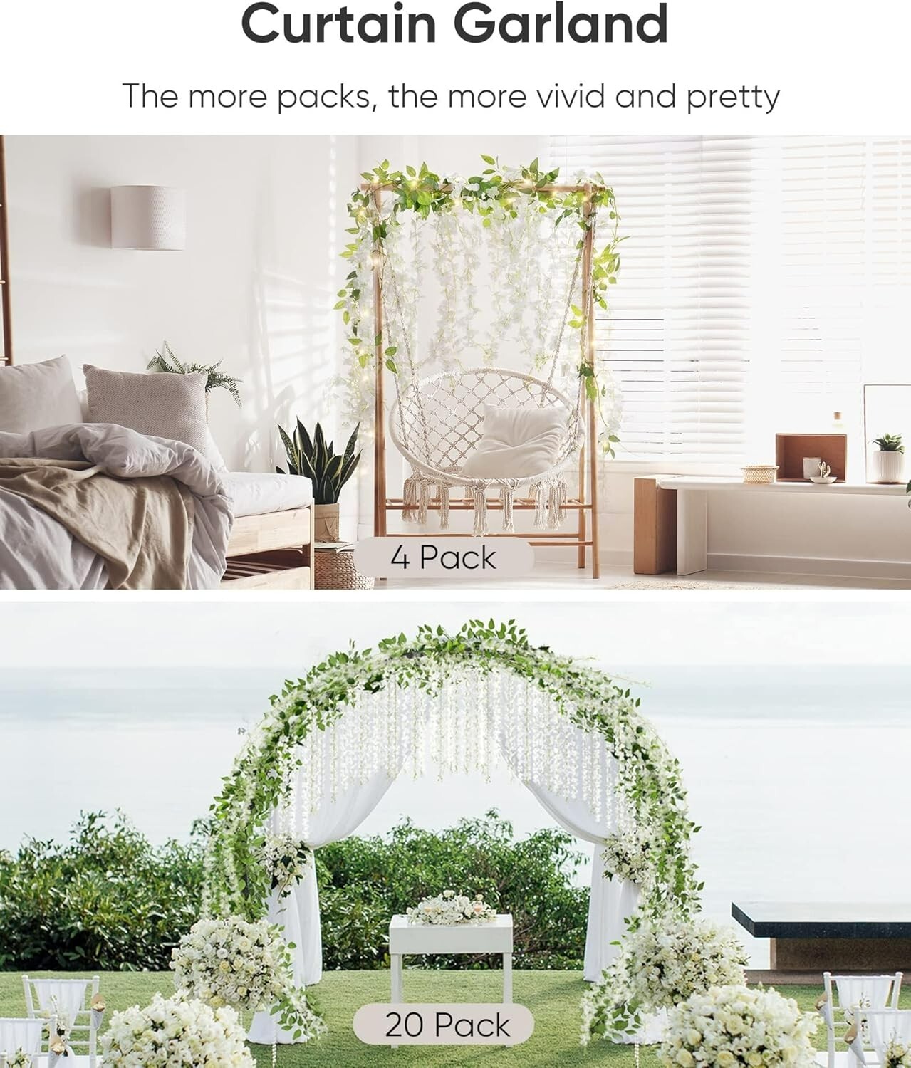 Wisteria Hanging Flowers 4 Packs, 40 Branches 6ft Artificial White Silk Wisteria