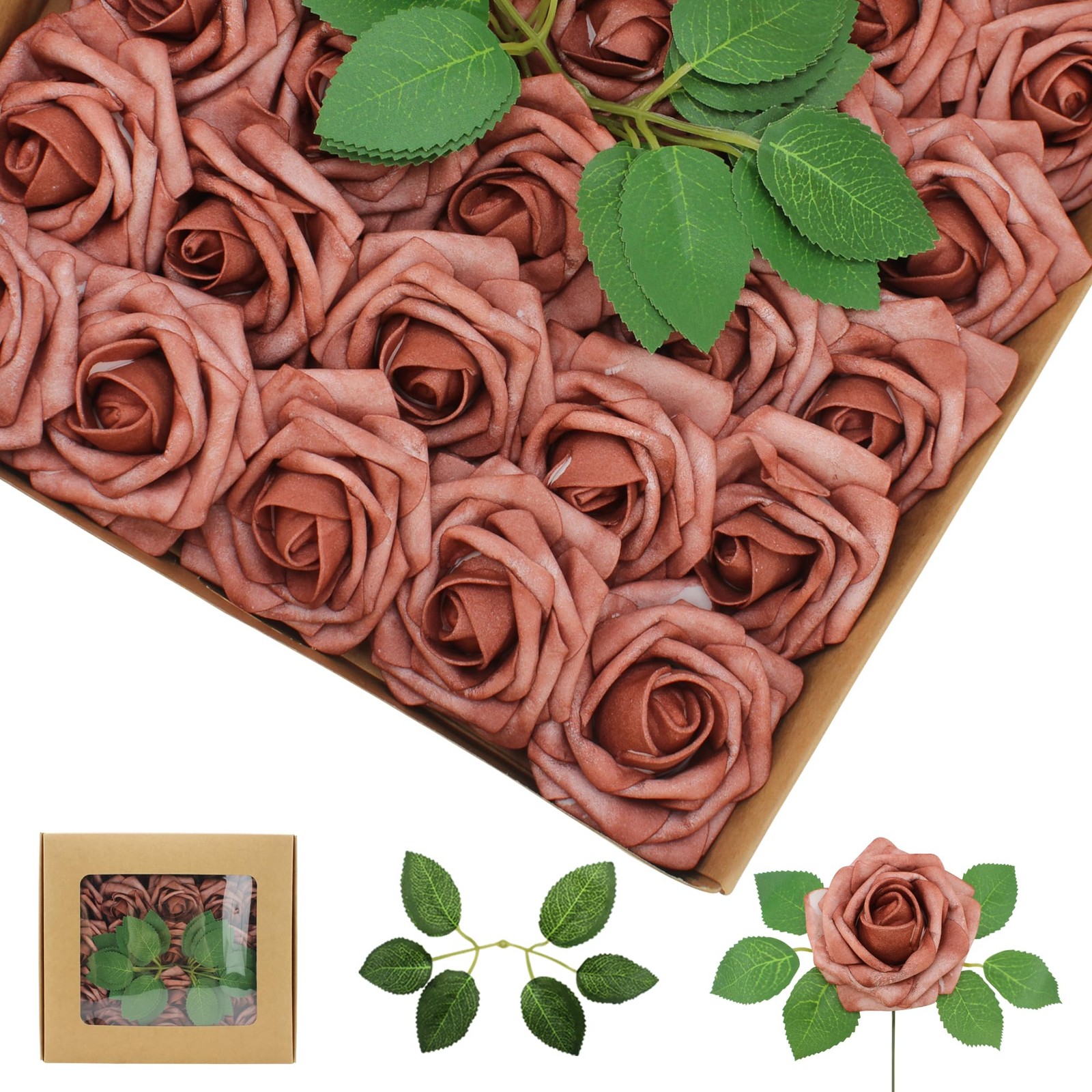 50PCS Warm Taupe Artificial Roses, Real Looking Foam Flowers, Leaves, DIY