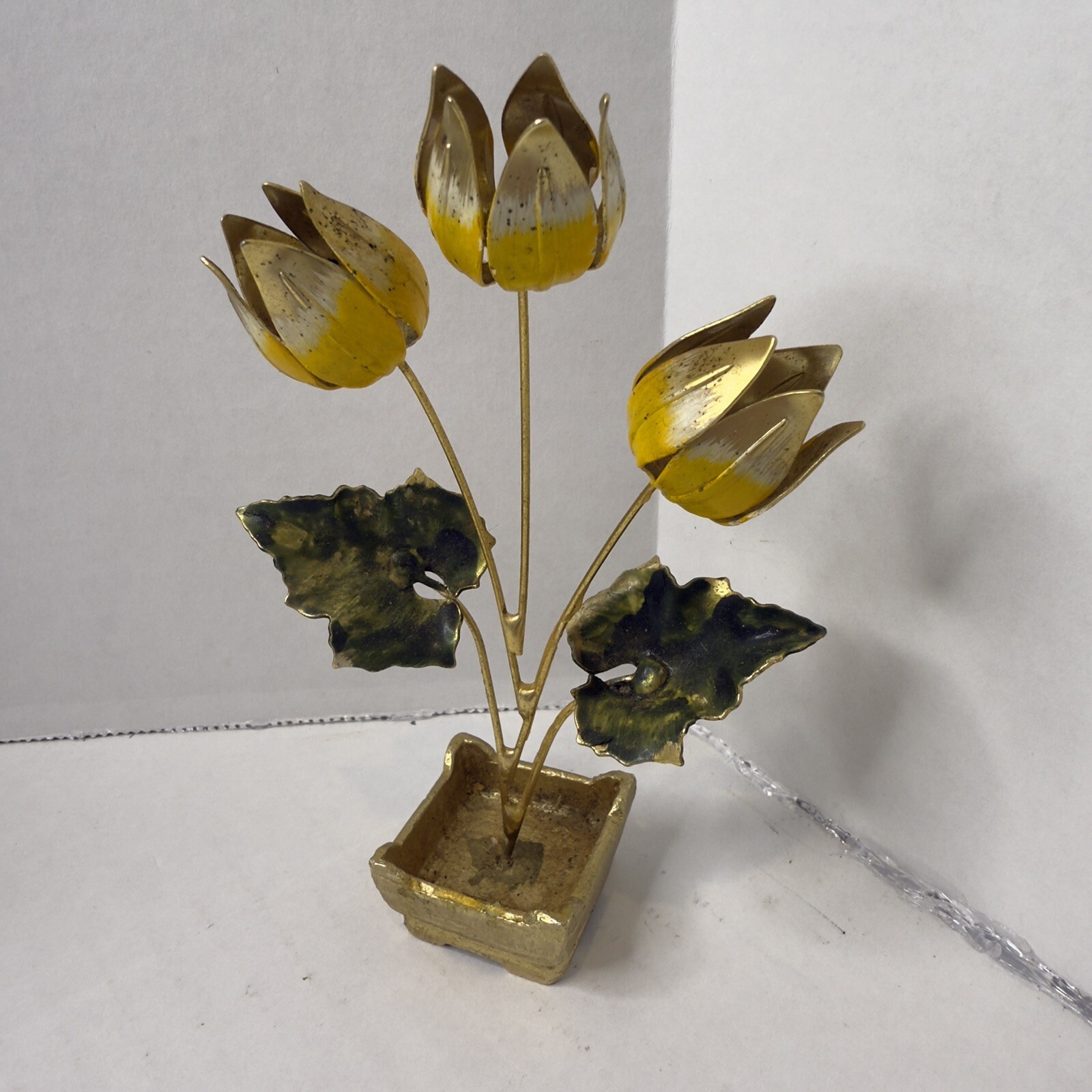Vintage Chinese Brass and Enamel Flower Arrangement Tulips
