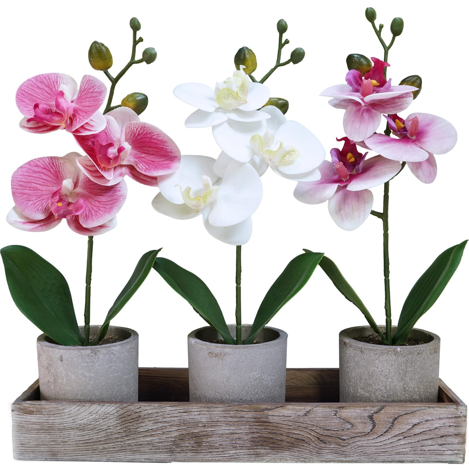 3 Pack Small Artificial Orchid Potted Plants, Rustic Wood Planter Box, Faux