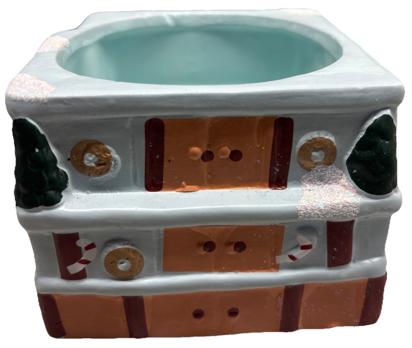 Plant Pot Christmas Baby Blue Gingerbread House Ceramic—SHIPS IN 24 HOURS—4×4 In