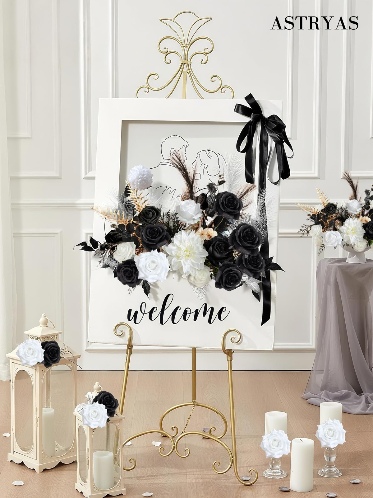 Black White Flowers Artificial Combo Set Mix Silk Flowers Dahlia Roses with S…