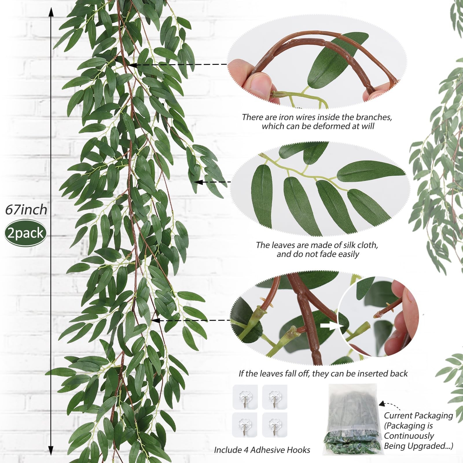 Artificial Willow Vine Garland 2Pcs, 5.7Ft Fake Hanging Ivy Plants, Rattan Decor