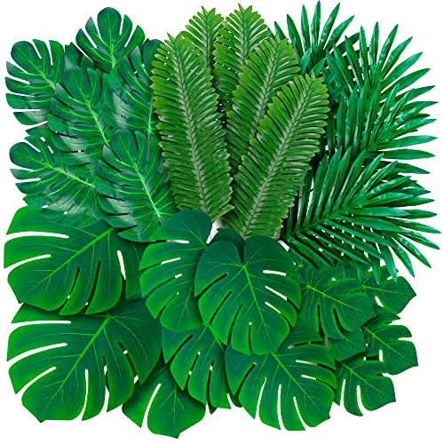 108PCS Artificial Palm Leaves Tropical Monstera Fake Green Luau Party Decor
