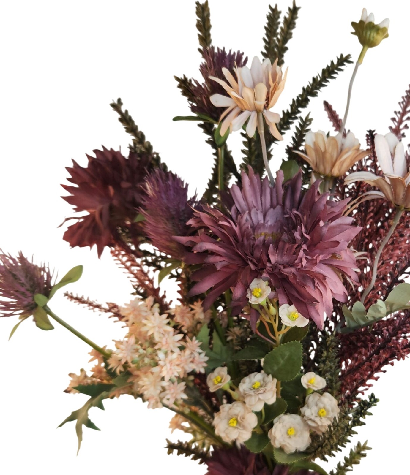 Hand Tied Artificial Flower Bouquet With Burgundy Purple Cream and Green Tones