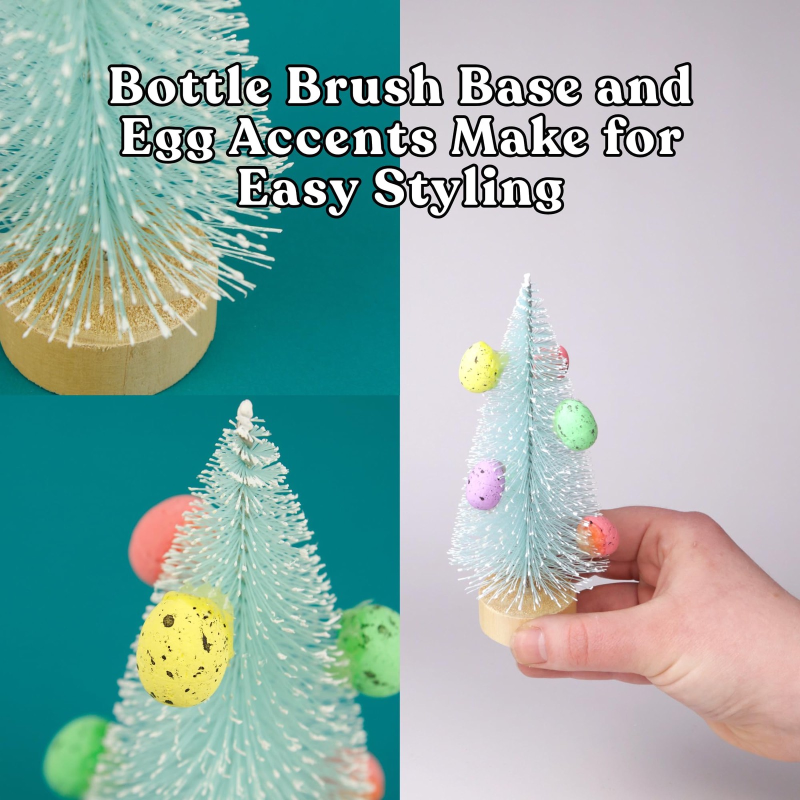 Mint Green Bottle Brush Tree Wooden Base Egg Accents Easter 6 Inch 3 PCS