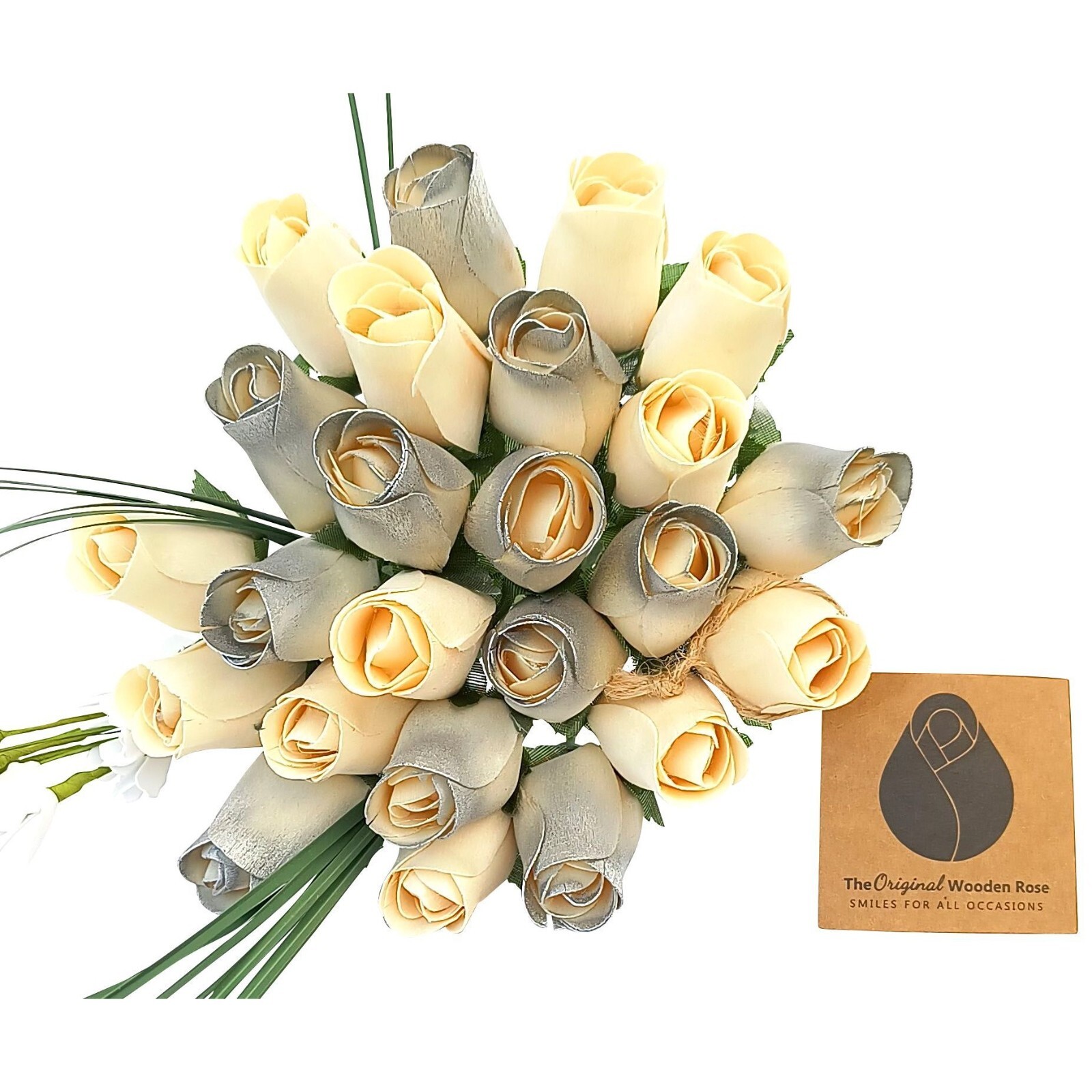 25 Year Anniversary Silver and White Bouquet. The Original Wooden Rose 1,2,3 Doz