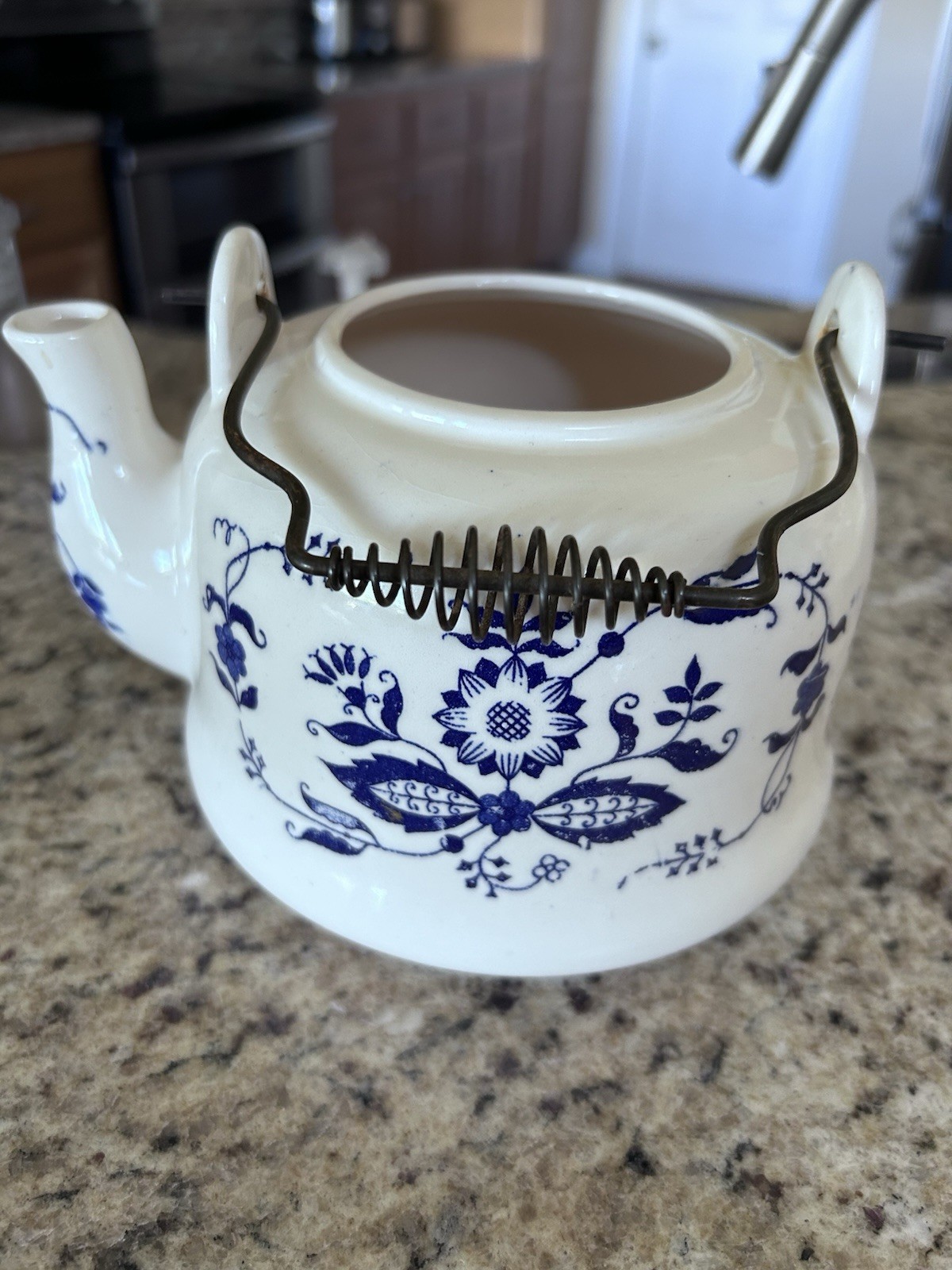 Blue And White Flower Teapot Metal Handle No Lid, Has Been Used As A Planter