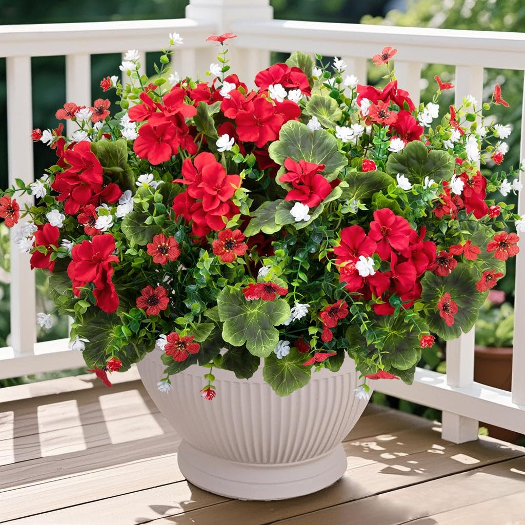 Ouddy Decor 18” Artificial Geraniums Flowers for Outdoors Decor, Large, Red