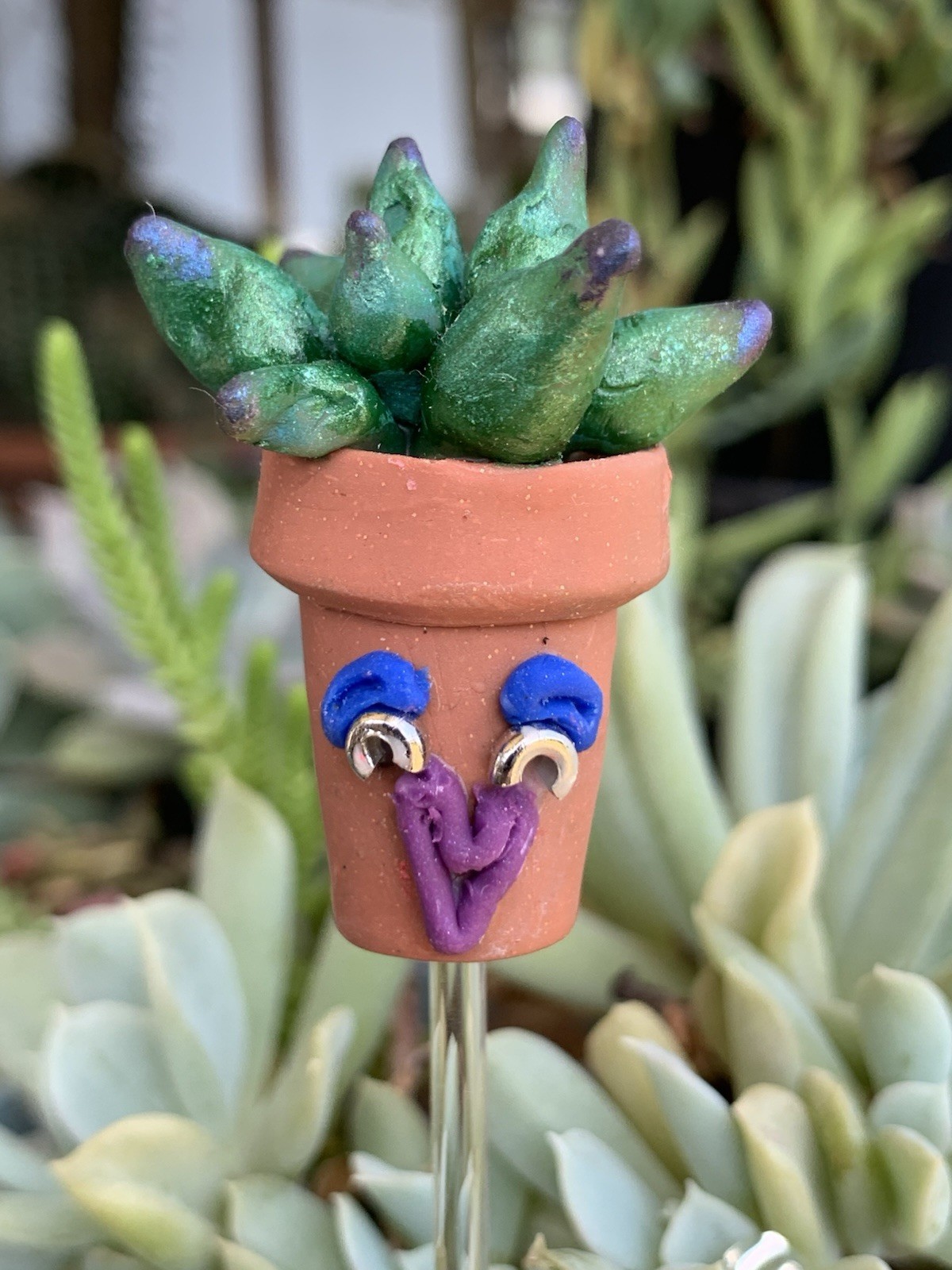 Handmade One of A Kind Polymer Clay Plant Stick “Pothead” Plant Deco